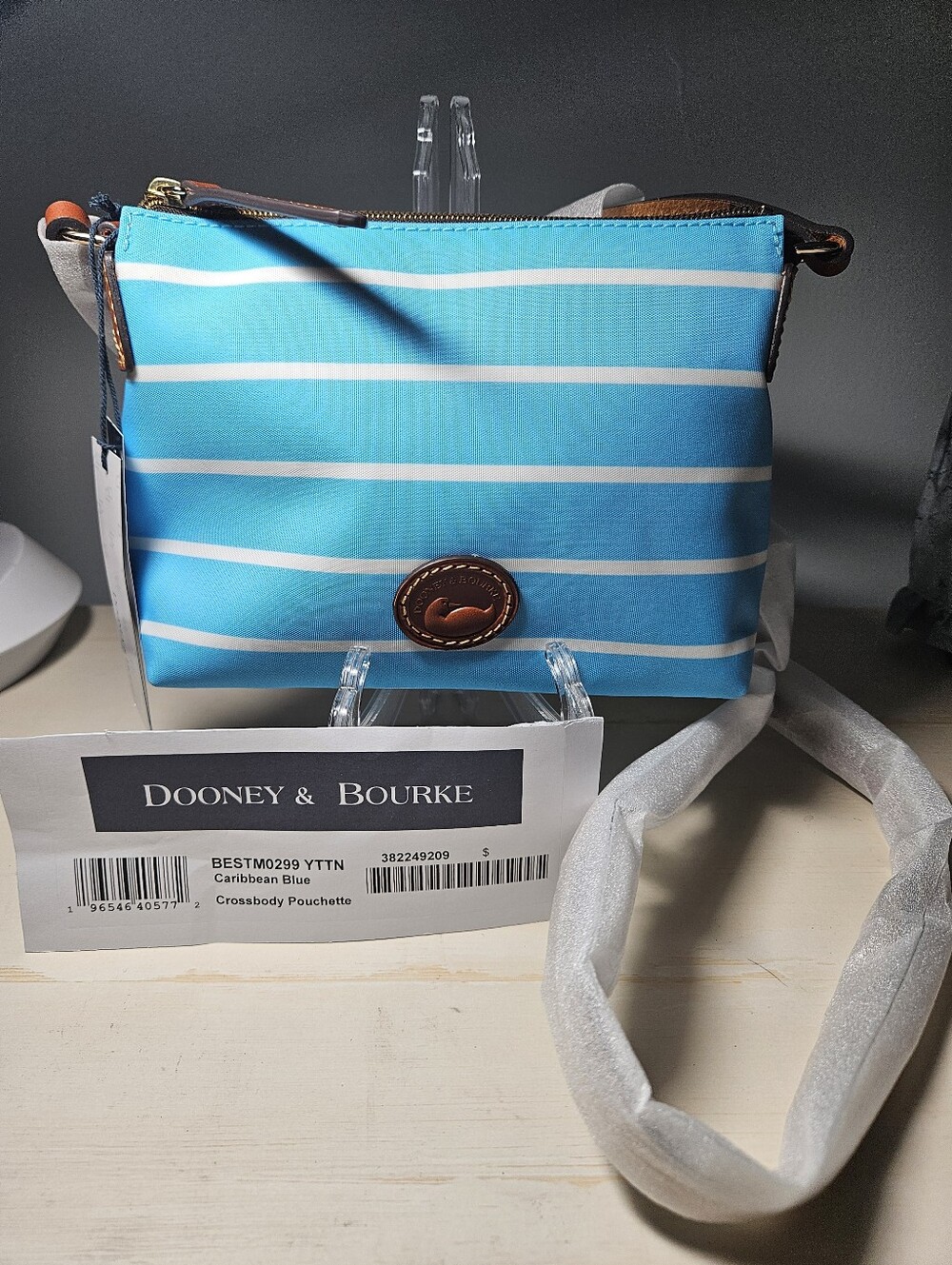NWT Dooney & Bourke Eastham Crossbody Pouchette - Caribbean Blue Striped